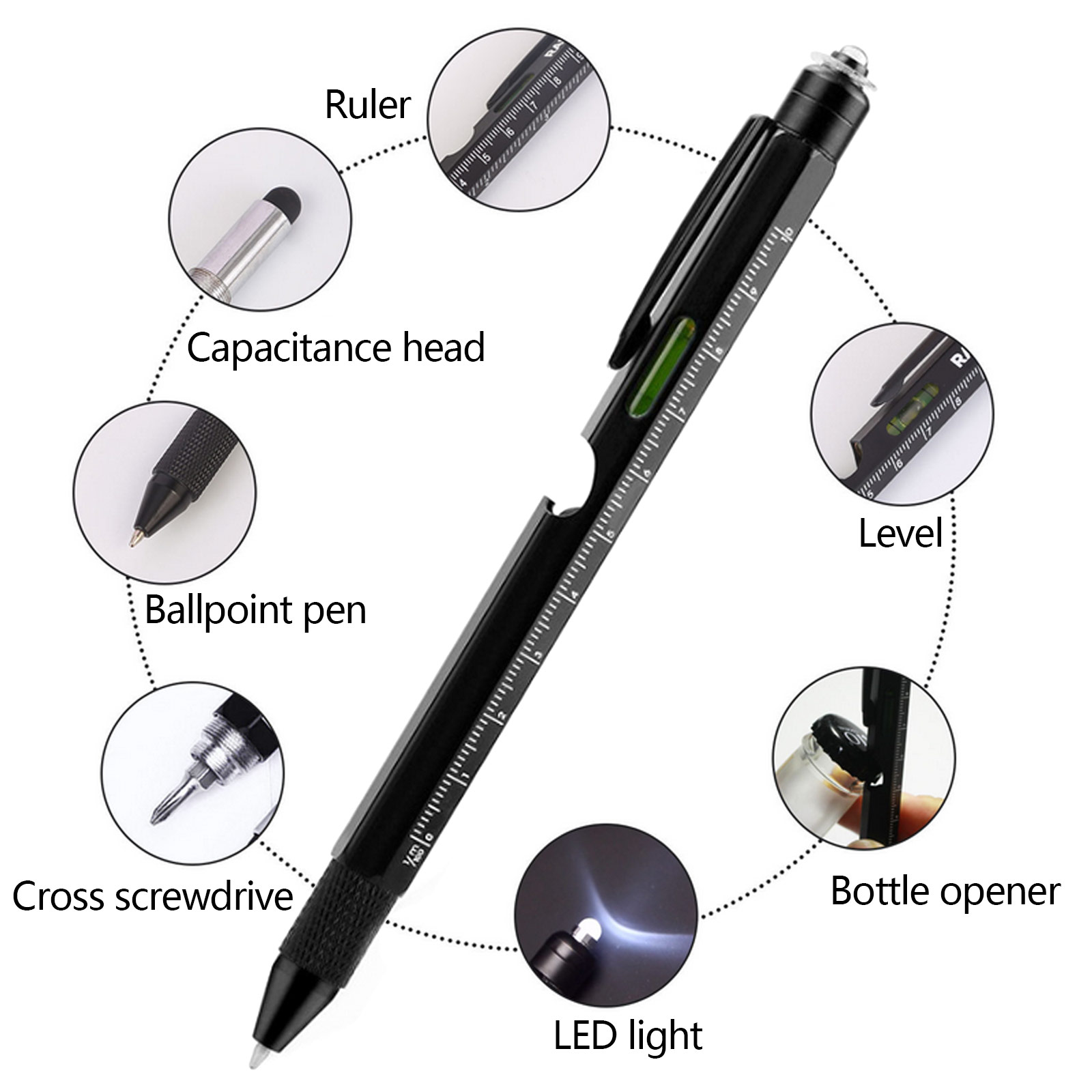 2PCS 멀티 도구 펜 세트 볼펜 스타일러스 정신 수준 LED 빛 오프너 눈금자 선물 남자 다기능 펜 펜